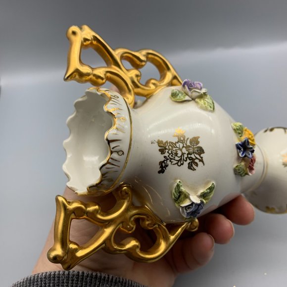 Vintage Elpa Alcobaca Gold Trimmed Floral Bud Vase Made in Portugal 6" High - Picture 10 of 13